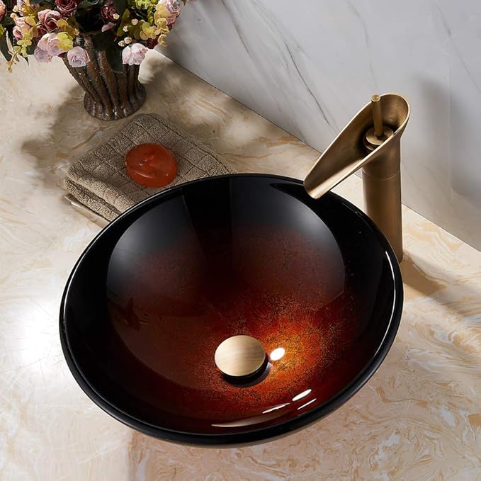 Antique Brass Pop UP Drain, Bathroom Vessel Lavatory Vanity Faucet Sink Stopper, Built-in Anti-Clogging Strainer, Fits Standard American Drain Hole(1-1/2" to 1-3/4"),Without Overflow RWF082S