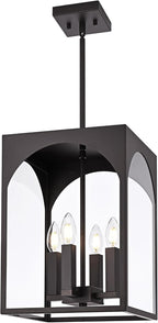 VINLUZ Outdoor 4 Light Pendant Lighting,Classic Outside Chandelier Exterior Hanging Lantern Light with Clear Glass Shade Oil Rubbed Bronze Finish for Porch, Yard, Gazebo