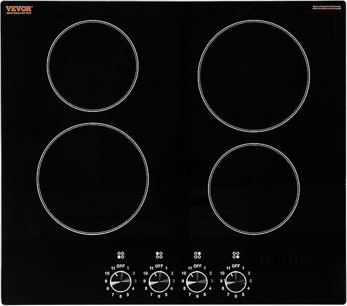 VEVOR Electric Ceramic Cooktop, Built-in Electric Stove Top, with Glass Panel, Knob Control, 11 Heat Levels, for Diverse Cooking Requirements (24inch-4burners/220V)