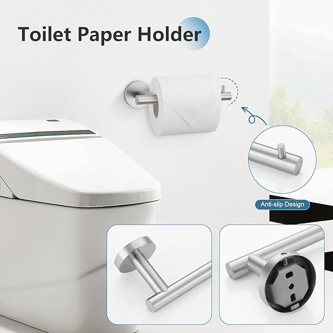 TNOMS Brushed Nickel 5 Pieces Towel Bar Set Bathroom Hardware Set Upgraded Towel Hooks,Towel Holder Set for Bathroom Stainless Steel Wall Mounted 23.6 Inch