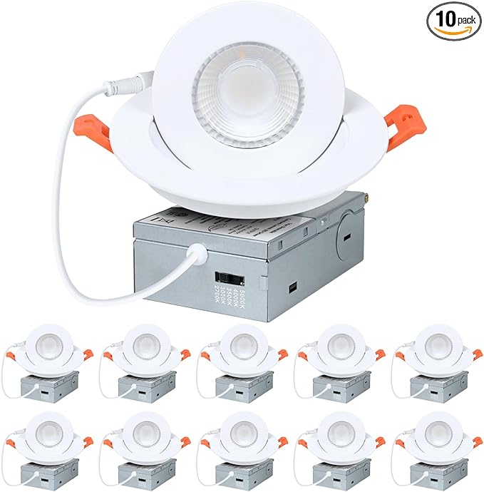ZYC 4-inch Gimbal LED Recessed Lighting,5CCT 9W 800LM Directional Recessed Swivel Spotlight 360° Rotation Eyeball LED,Canless 4 Gimbal Adjustable Eyeball Soffit Pot Light,Pack of 10 White.