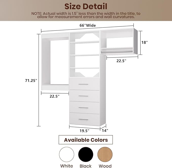 ROOMTEC Modular Closet System, 66" Wall Mounted Closet Organizer with Hanging Rods and Drawers, Modern Wooden Tower for Walk-In Closets, Wardrobe Storage Kit, White