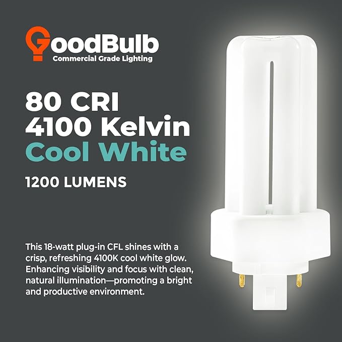 GoodBulb 18 Watt CFL Light Bulbs 4 Pin GX24Q-2 Base 4100K Cool White 18W High Output 1200 Lumens Triple Tube Compact Fluorescent Light Bulbs Plug-in 10 Pack