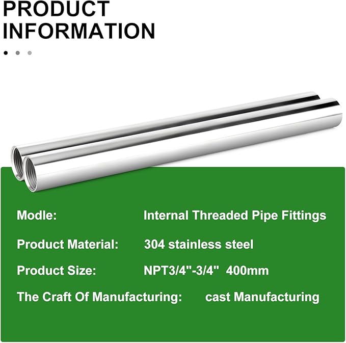 TAISHER 2PCS Stainless Steel Pipe Fittings, 3/4" NPT Female x 3/4" NPT Female Threaded, 16" Length Nipple Cast Pipe