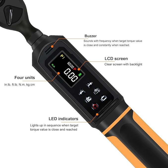 Digital Torque Wrench 3/8 Drive, 0.66-44.29Ft.lbs/0.9-60Nm Range, Electric Torque Wrench with Dual Direction Ratchet, ±1% Accuracy with Vibration, Buzzer and LED Alert