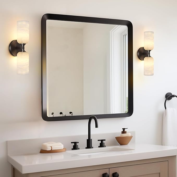 14in Modern Spanish Natural Marble Bathroom Vanity Sconces, Alabaster Wall Sconces Set of Two, Black Alabaster Sconce Wall Lighting, Black Wall Light Fixtures Decor