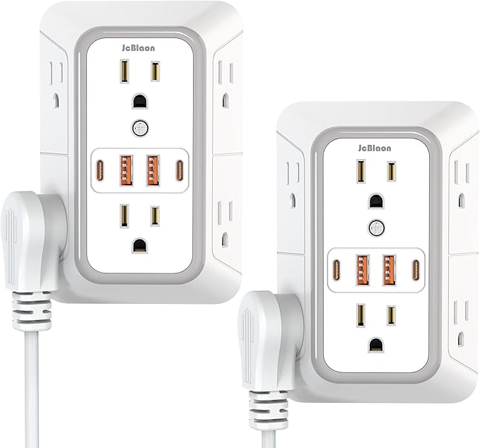2 Pack Wall Charger, Surge Protector 6 Outlet Extender Multi Plug Wall Outlets with 4 USB Charging Ports (2 USB C Outlet) 3 Sided 1050J Power Strip Wall Adapter Spaced for Home Travel Office