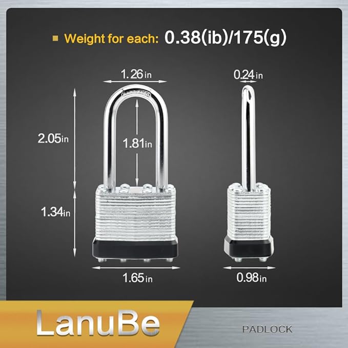 LanuBe Lock Laminated keyed Padlock (1-9/16", 40mm), keyed Alike Locks, Long Shackle,Marked Black Plastic Hoop, Pack of 120