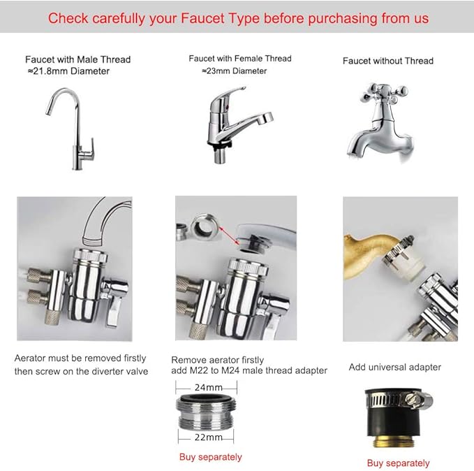 Faucet Diverter Valve with Aerator M22 Female Thread for 1/4" RO Tubing,Faucet Connector for Water Diversion,Faucet Tap for Countertop water Filter (Fits Two Way 1/4" OD Tubing Outlet)