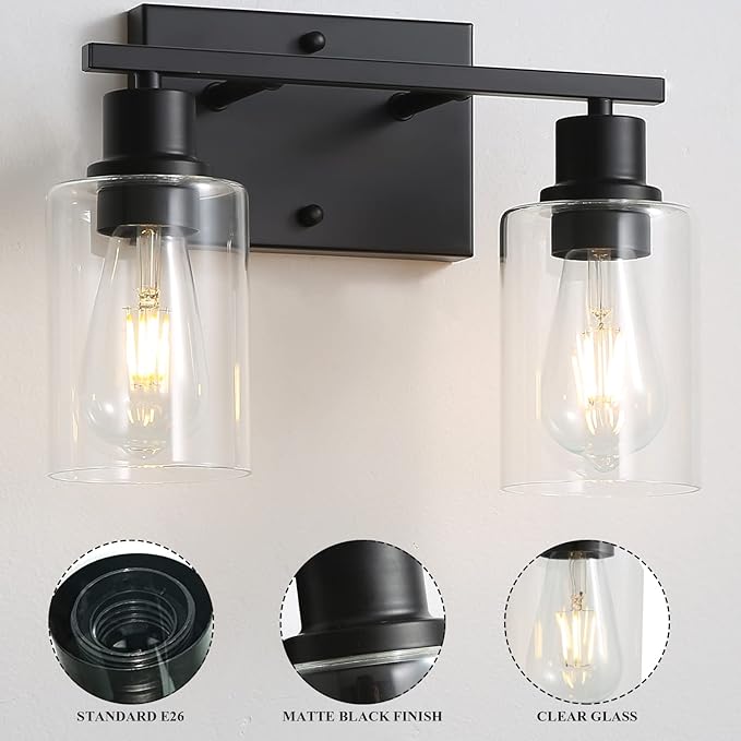 EMONG 2-Lights Bathroom Light Fixtures, Matte Black Vanity Light with Glass Shade, Modern Wall Sconces Lighting for Bathroom,Mirror,Farmhouse,Hallway