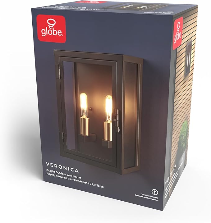 GLOBE Electric 60000131 2-Light Outdoor Wall Sconce, Dark Bronze, Matte Brass Accents, Weatherproof Glass Door Closure