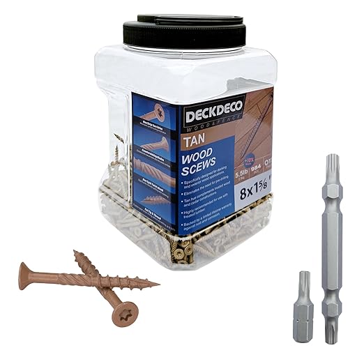 Wood Screws #8 x 1-5/8" 906pcs(Approx), Tan Ruspert Coating Exterior Deck Screws, Torx/Star Drive Flat Head,Twist Shank, Cut Tip/Thread, Bit Included, 5.5 lb/Jar