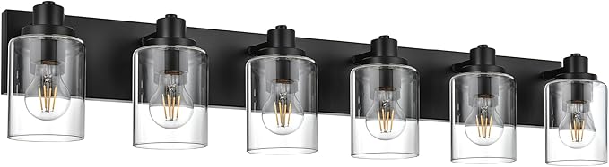 6 Light Bathroom Vanity Lights, Bathroom Lighting Fixtures over Mirror with Clear Glass Shades, Black Vanity Light For Bathoom, Modern Wall Sconces Vanity Lighting Fixture for Bathroom Hallway