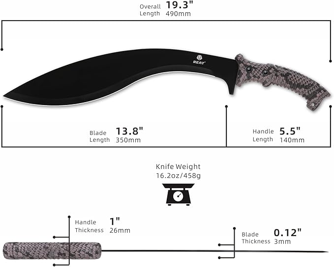 REAT Kukri Machete with Sheath,19 inch 420 Stainless Steel Blade,Non-silp Rubber Handle, Machetes for Cutting Trees,Yard Work,Hunting,Camping