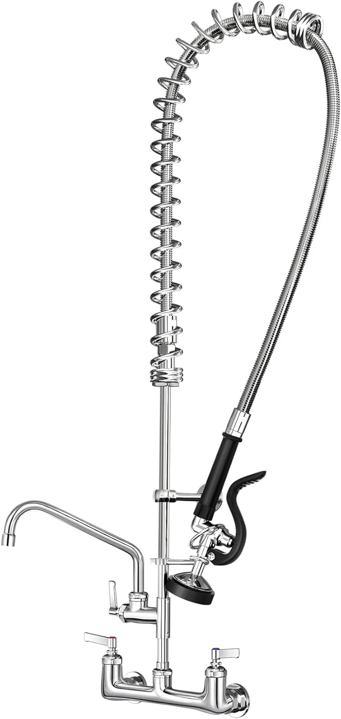 Commercial Kitchen Faucet Heavy Duty Wall Mount Sink Faucet, 8 Inch Center 47 Inch Commercial Kitchen Faucet with Pre-Rinse Sprayer and 14 Inch Add-On Spout for 1,2,3 Compartment Sinks