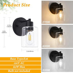 Wall Sconce, Black Vanity Light, Modern Bathroom Light Fixture with Clear Glass Shade and Moisture and Rust Prevention,Hallway Wall Lamp Mount Light Fixtures for Mirror(1PACK)