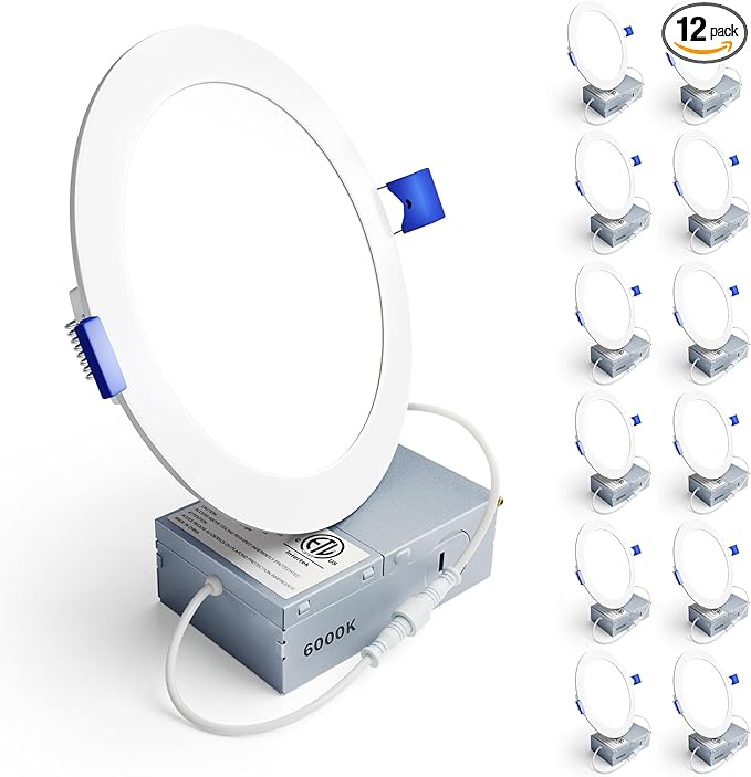 Ensenior 12 Pack 6 Inch LED Recessed Ceiling Light, Dimmable, 6000K Clear White, 1050LM 12W 120V, High Brightness Canless Wafer Downlight - ETL&FCC&IC