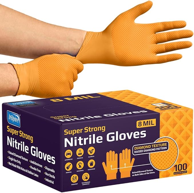 Inspire Heavy Duty Orange Nitrile Disposable Gloves | ULTRA 8 Mil Diamond Textured Grip | Industrial Mechanic Food