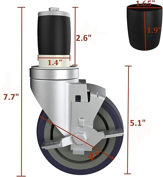 MySit 4 inch Work Table Caster Wheels for Commercial Kitchen Prep Tables, Expanding Stem Casters Set of 4 with Locking Brakes Fit Both 1-1/2" and 1-5/8" Leg Tube Adapter for Stainless Steel Worktable