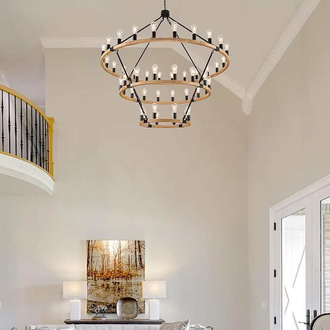 48 Lights 3 Tier Extra Large Wooden Wagon Wheel Chandelier Natural Farmhouse 63'' High Ceiling Black Rustic Round Wood Pendant Light Fixture for Living Room Foyer Villa Staircases