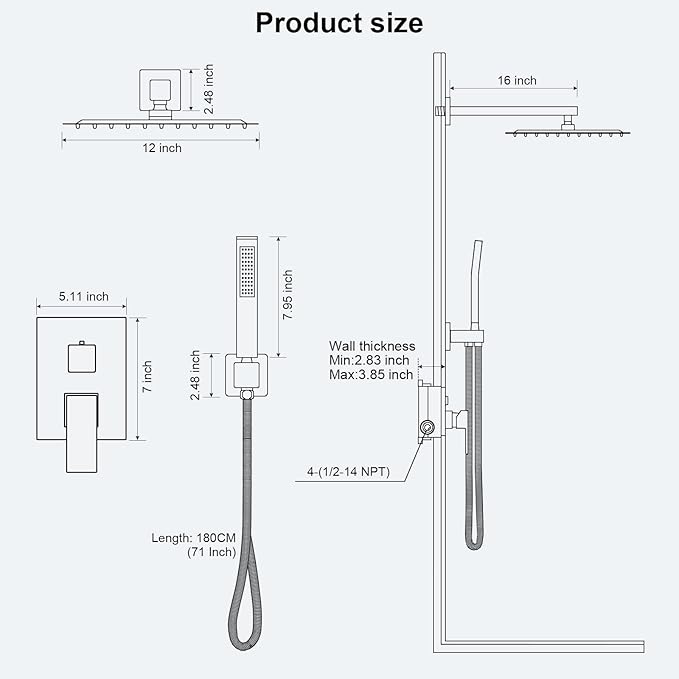 Black Shower Faucet Set, Rainfall Shower System with Square Shower Head and Handle Set, Wall Mounted Shower Fixtures, Full Metal Trim Repair Kit 12 inch Matte Black (With Shower Valve)