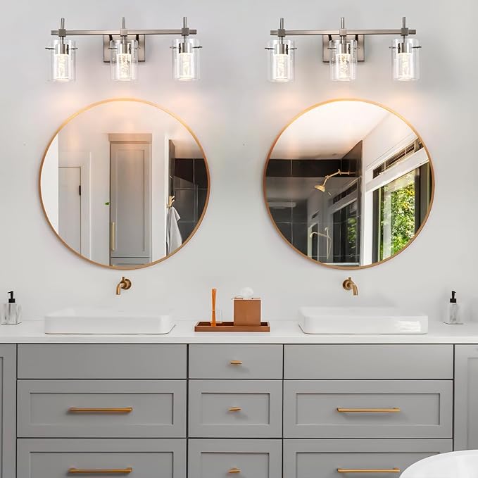 Bathroom Light Fixtures 3-Light, Brushed Nickel Vanity Light Over Mirror Dimmable 3 Color (3000K/4000K/6000K), Eye Protection LED Bathroom Lights Wall lamp Over Mirror with Clear Glass Shade