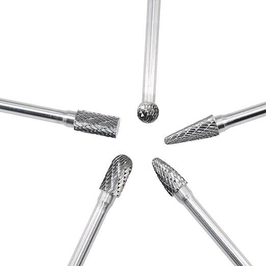 5pcs Tungsten Carbide Burrs Set with 1/4''Shank Double Cut Extended Long Solid Power Tools Carbide Rotary Files Bits for Die Grinder Metal Wood Carving Engraving Polishing Drilling Grinding Milling