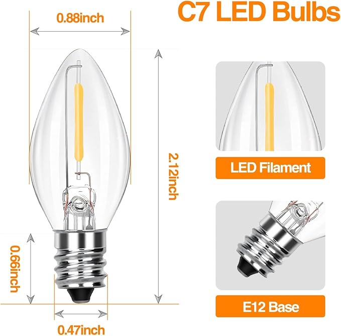 C7 LED Replacement Bulbs, Clear Christmas & Halloween Light Bulbs for Outdoor String Lights, Patio Xmas Tree Wedding Holiday Party Decor, E12 Candelabra Base, 2700K Warm White, 12 Pack
