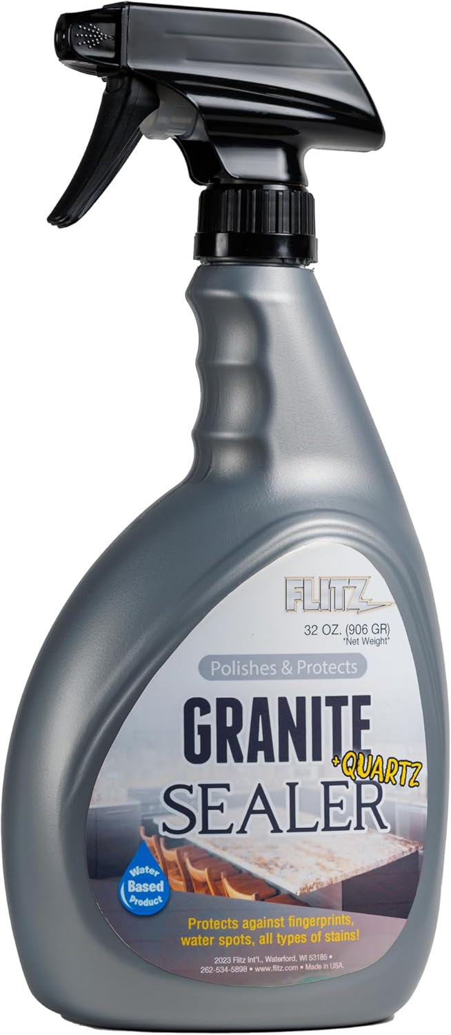 Flitz Granite Sealer (+ Quartz) - 32oz Bottle of USA-Made Quartz Sealer for Countertops, Glass, & More - Food Safe Marble Sealant that Shields Against Hard Water Stains, Mineral Deposits, Oil (1 Pack)