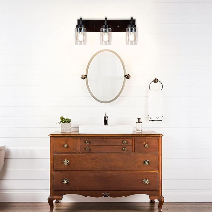 DLLT Wall Light Fixture, Vintage Bathroom Vanity Light with 3 Clear Glass Shade, Wall Sconces Lamp for Powder Room, Hallway, Kitchen, Mirror, Laundry Room (E26 Base)