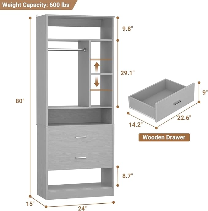 Freestanding 24" Closet System with 2 Wood Drawers, 2FT Small Closet Organizer System with 6 Shelves & Hanging Rod, Walk-in Closet Systems for Small Closets, Grey (24" L x 15" W x 80" H)