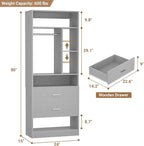 Freestanding 24" Closet System with 2 Wood Drawers, 2FT Small Closet Organizer System with 6 Shelves & Hanging Rod, Walk-in Closet Systems for Small Closets, Grey (24" L x 15" W x 80" H)