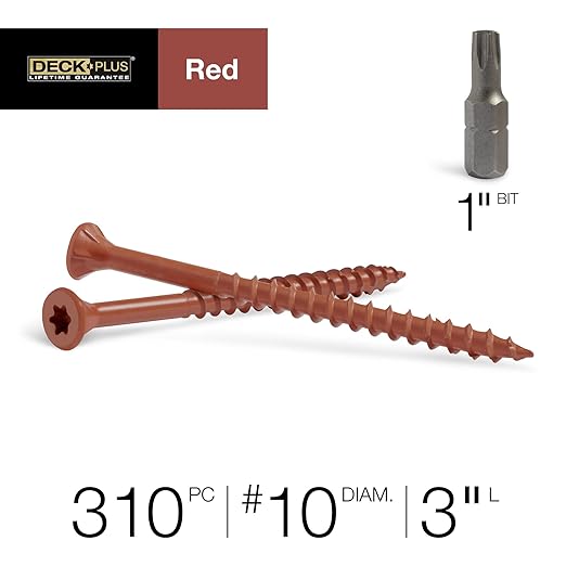 Deck Plus 3 Inch Epoxy Coated Exterior Wood and Fence Screws #10 x 3 Torx/Star Drive Included Coarse Thread, Outdoor Rust Resistant Decking Screw, Red, 5lb Box, 62 Pieces | 48433