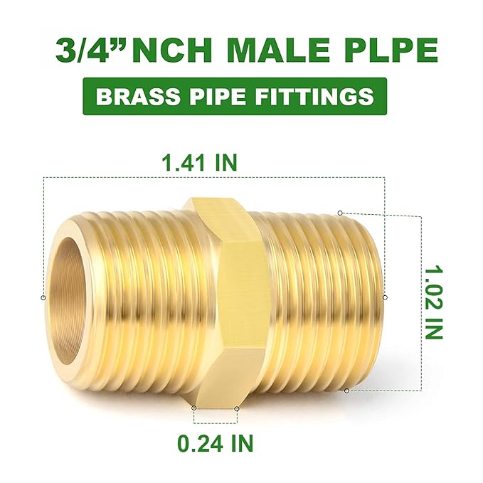 TAISHER 2PCS Brass Pipe Fitting, Reducer Adapter, Hex Nipple, 3/4-Inch Male Pipe x 3/4-Inch Male Pipe