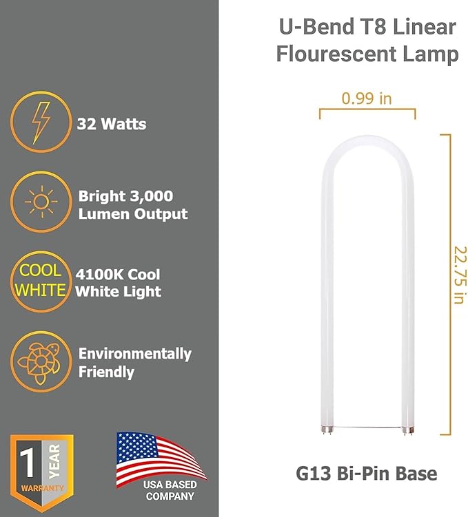 Diodesy- U-Bend T8 Fluorescent Tube Light Bulb 32W 3000 Lumens 4100K Cool White G13 Miniature Bi-Pin Base Rohs Compliant Pack of 12- U Shaped Linear Replacement Lamp