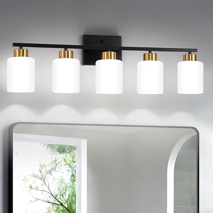 Black and Gold Bathroom Light Fixtures, 5-Light Modern Vanity Light Over Mirror, Wall Sconces with Milky White Frosted Glass Shades, E26 Socket (Bulbs Not Included)