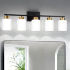 Black and Gold Bathroom Light Fixtures, 5-Light Modern Vanity Light Over Mirror, Wall Sconces with Milky White Frosted Glass Shades, E26 Socket (Bulbs Not Included)