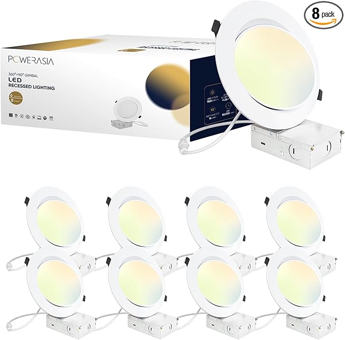 8 Pack 6 Inch Gimbal LED Recessed Lighting with Junction Box, 5CCT 2700K-6000K Selectable, 360°+90° Adjustable Directional Eyeball Light, 15W 1300LM Slim Canless Downlight - ETL and Energy Star