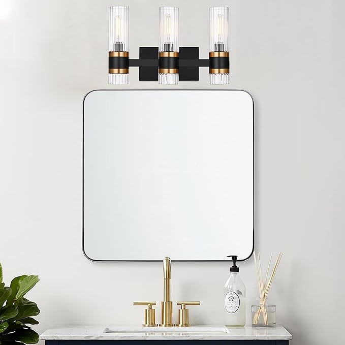 MELUCEE Black 3 Light Bathroom Vanity Light, Modern Vanity Lights Bathroom Light Bar with Ribbed Clear Glass Shade Indoor Wall Lights for Mirror Cabinet Kitchen Bedroom Hallway, E12 Base