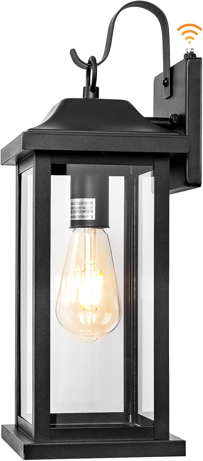 Dusk to Dawn Large Outdoor Wall Light 17 Inch, Exterior Light Fixture Porch Light with Tempered Clear Glass, IP65 Waterproof Anti-Rust Outside Wall Sconce Matte Black Wall Lantern, 1-Pack