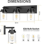 IZORRO Bathroom Vanity Light Fixture, 3-Light 22 Inch Matte Black Bathroom Light Fixtures Over Mirror, with Clear Glass Shade, Modern Farmhouse Vanity Lights, Rustic Restroom Lighting Fixtures