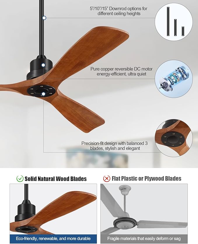60 Inch Ceiling Fan No Light, Outdoor Ceiling Fan with Remote, 3 Downrods, 3 Wood Blades, Timer, 6 Speeds Indoor Modern Ceiling Fans Without Lights Noiseless Reversible DC Motor for Patios Bedroom