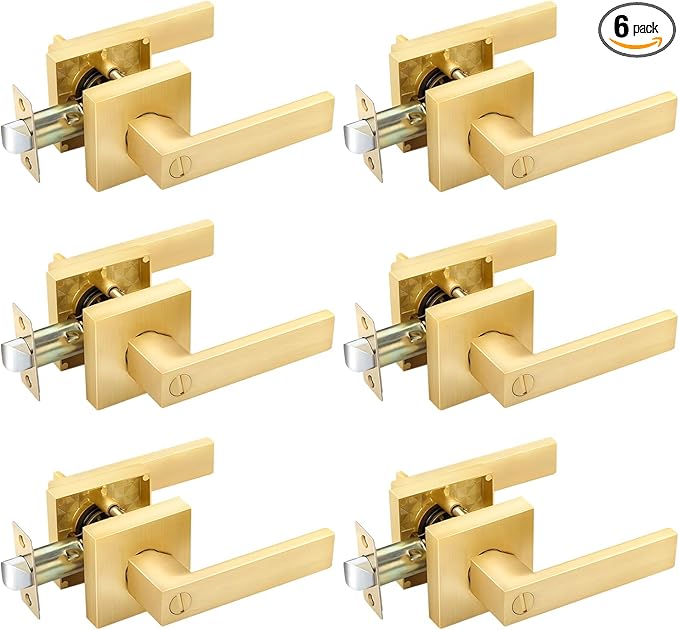 EHOMEWARE 6 Pack Gold Door Knobs Interior Brass Door Handles in Satin Brass Finish, Privacy Function for Bedroom Bathroom, Heavy Duty Gold Door Handles Levers with Modern Design