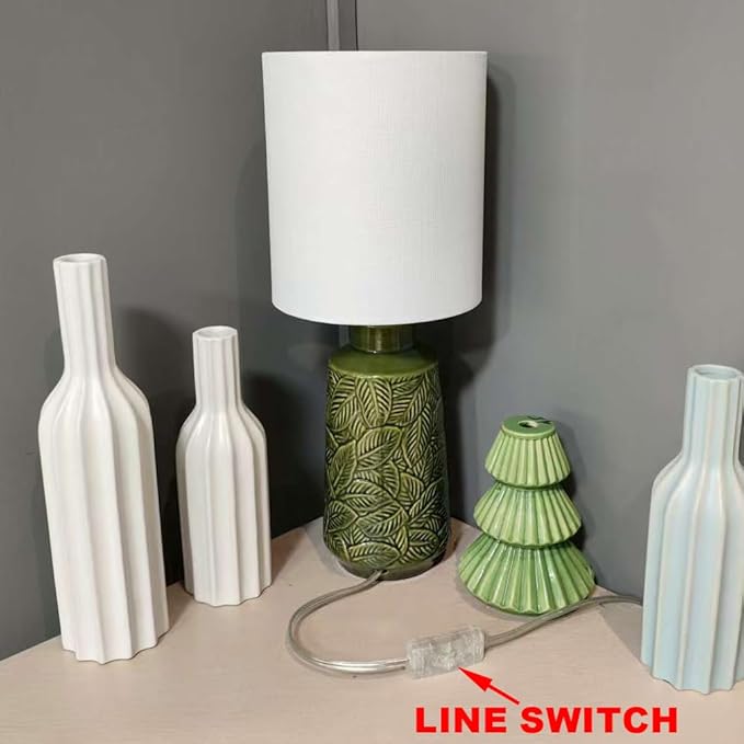 Ceramic Table Lamp Set of 2, 18" Modern Farmhouse Bedside Lamps with Leaf Pattern & White Linen Shade, Nightstand Lamps with Inline ON/Off Switch for Living Room, Bedroom, Dining Room