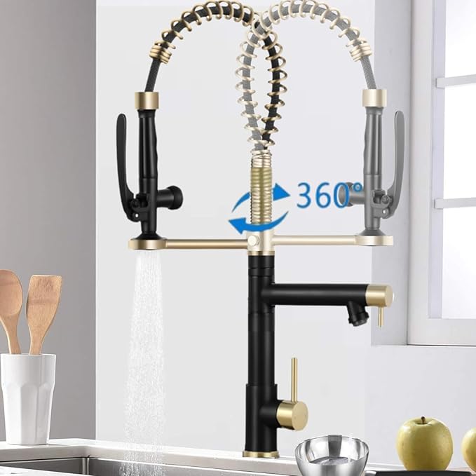 Smart Kitchen Faucet, 3 Modes Pull Down Sprayer, LED Temperature Control, Ceramic Valve,360-Degree Rotation,1 or 3 Hole Deck Plate, Double Spout. 10-Year Warranty. (KW-29RK, Gold/Black)