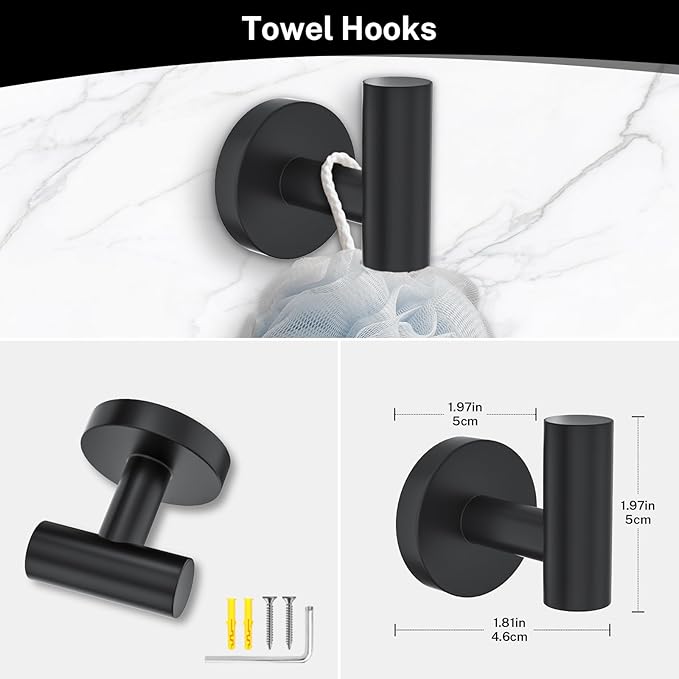 4-Piece Matte Black Bathroom Hardware Accessories Set,Black Towel Ring Set Toilet Paper Holder,Robe Hooks,Stainless Steel Wall Mounted Rustproof Modern Bathroom Set