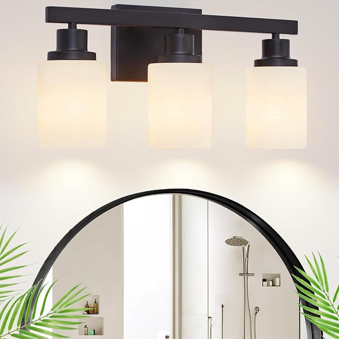 3-Light Bathroom Light Fixtures Over Mirror, Modern Matte Black Vanity Lights with White Frosted Glass Shade, Bathroom Wall Lamp Sconces for Mirror Bedroom, Living Room Hallway