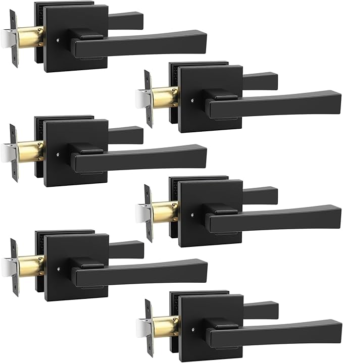 knobelite 6 Pack Privacy Door Handle,Keyless Matte Black Interior Door Knob,Heavy Duty Door Lever Hardware for Bedroom/Bathroom,Reversible for Left & Right