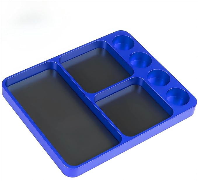 Magnet Tool Tray Aluminum Alloy Screw Tray with Tool Holder RC Parts Fixing for 1/10 RC Cars, Drones, Phone, Computer, Eyeglass, Electronic Multi-Compartment Anti-Loss Organizer Storage Box(Blue)