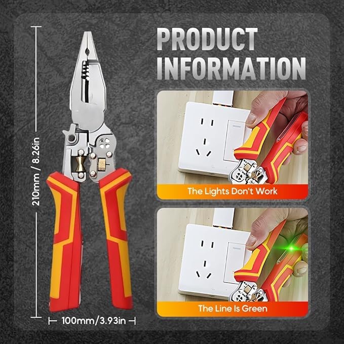 8-in-1 Wire Stripper Tool | 1000V Voltage Tester + Crimper/Cutter | 10-24 AWG Electrical Pliers with Non-Slip Grip (ETL Certified)